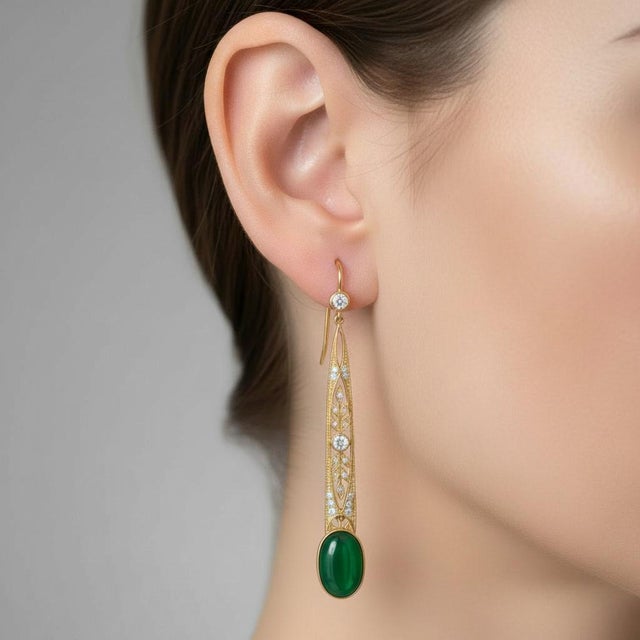Art Nouveau Green Onyx Drop Earrings Silver, Gold, A Pair For Sale - Image 4 of 5