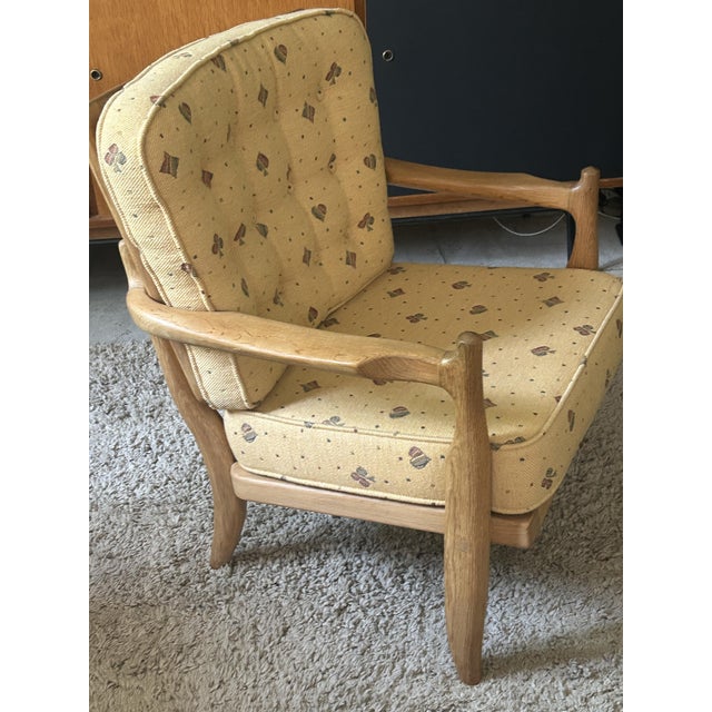 Guillerme et Chambron, solid oak armchair, "José" model. Published by Votre Maison, circa 1960. Original fabrics in very...
