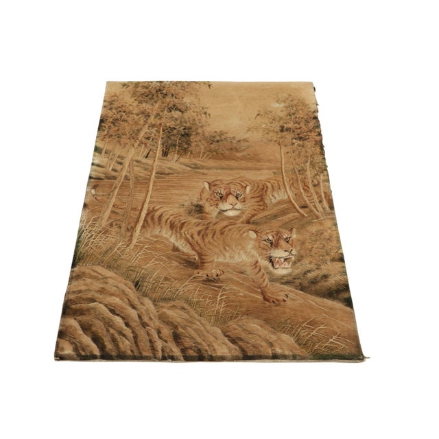 Traditional Handwoven Antique Japanese Tapestry in Beige-Brown Tiger Pictorials For Sale - Image 3 of 7