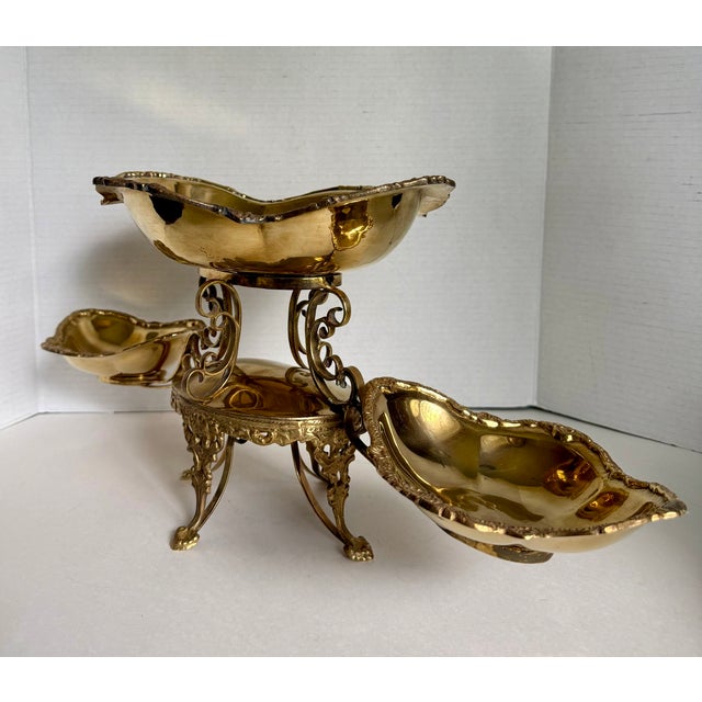 French Revival Brass Epergne Centerpiece With Three Scalloped Removable Bowls For Sale - Image 14 of 16