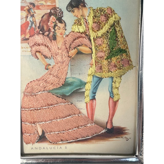 Spanish 1940s Spanish Embroidered Postcard of Flamenco Dancer in Metal Frame For Sale - Image 3 of 5