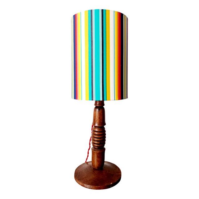 Vintage Turned Wood Lamp and Custom Shade, 1960s For Sale
