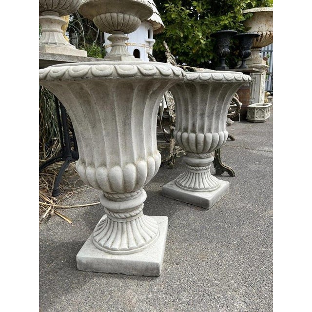 British Cast Stone Fluted Garden Urns, Set of 2 For Sale - Image 3 of 12