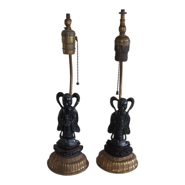 Pair of Carved Jade Figural Lamps For Sale