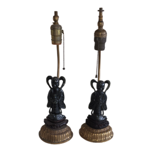 Pair of Carved Jade Figural Lamps