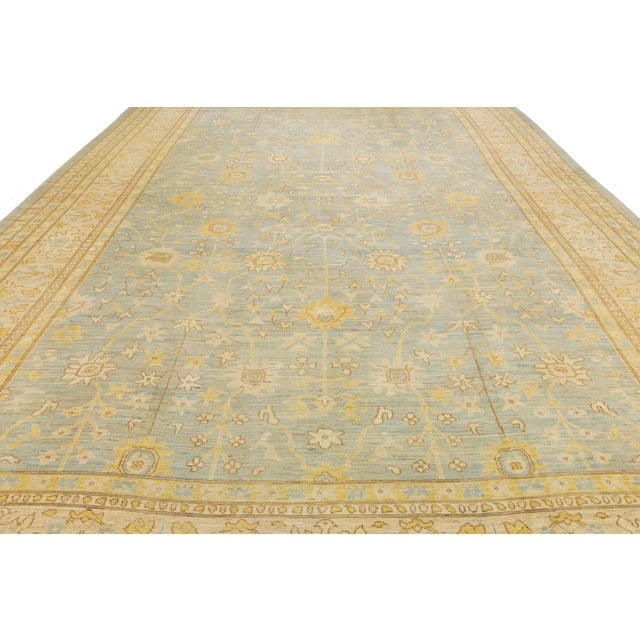 2020s 15x23 Modern Transitional Oushak Style Light Blue & Goldenrod Hand-Knotted Wool For Sale - Image 5 of 10