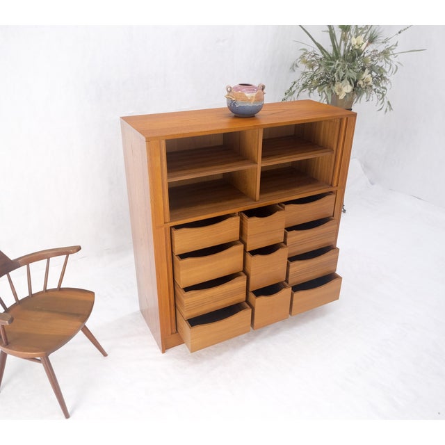 Mid-Century Modern Danish Teak Tambour Doors 9 Drawers Dresser High Boy Chest Credenza Cabinet MINT For Sale - Image 3 of 12