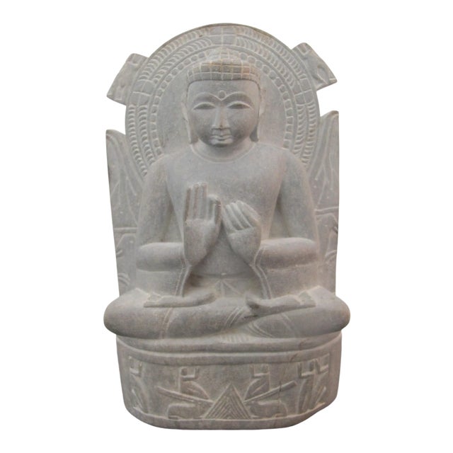 Seated Dharmachakra Mudra Buddha Carved Stone Sarnah Style Meditation Sculpture For Sale