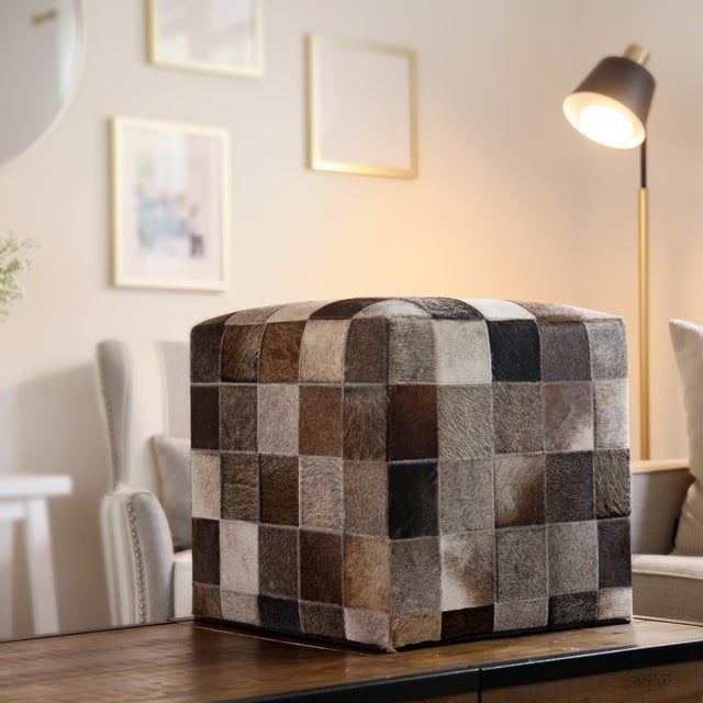 Handmade Brown Patchwork Cowhide Leather Ottoman Pouf 18x18x18 in Warm For Sale - Image 4 of 8