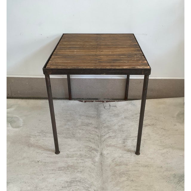 Brown Vintage Industrial Metal Accent Table With Slatted Wooden Top For Sale - Image 8 of 14