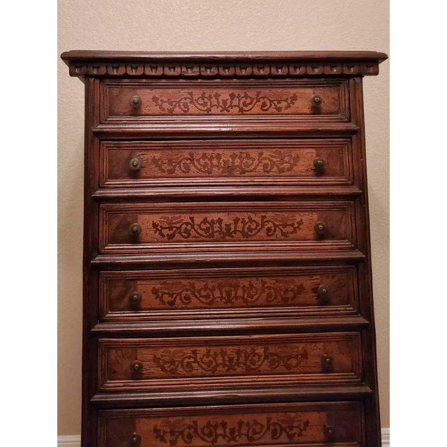 Baroque Italian Walnut Marquetry Inlaid Men's Semainier Tall Chest of Drawers For Sale - Image 3 of 11
