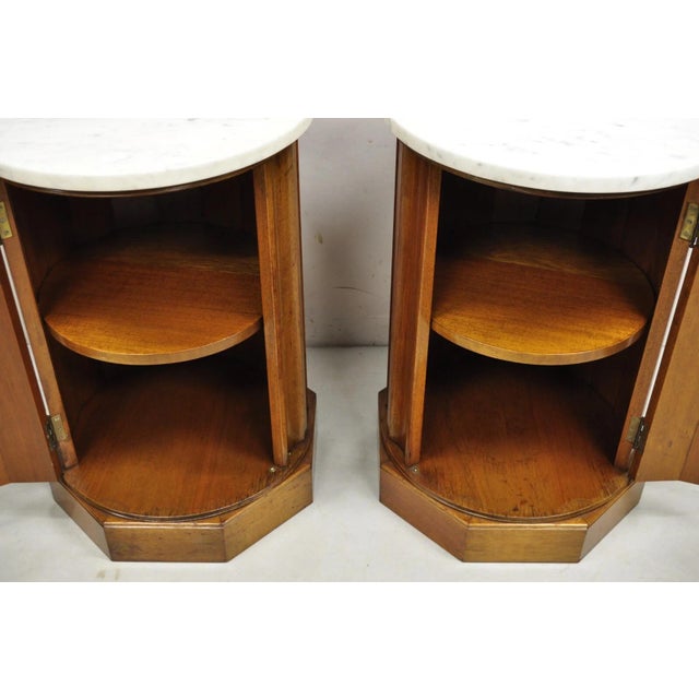 French Empire Round Marble Top Mahogany Column Pedestal Cabinet End Table Pair For Sale - Image 10 of 12