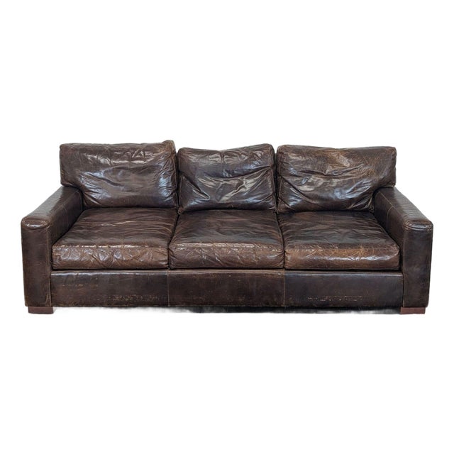 Restoration Hardware Maxwell 3-Seat Brown Leather Sofa For Sale