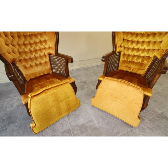 Late 20th Century Pair of Monumental 1970s Cane and Gold Velvet Horseshoe Wingback Chairs For Sale - Image 5 of 17
