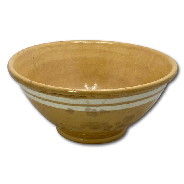 Antique Large Thick & Heavy 15 Inch Size Double Cream Banded Yellow Ware Kitchen Mixing Bowl Circa Mid 1800s For Sale - Image 4 of 18