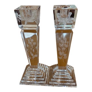 Pair of Signed Orrefors Crystal Candlesticks With Etched Dragonfly & Floral Motifs For Sale