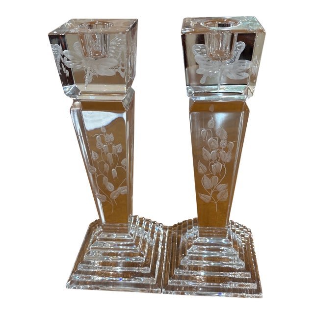 Pair of Signed Orrefors Crystal Candlesticks With Etched Dragonfly & Floral Motifs For Sale