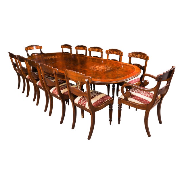 Antique French Louis Revival Dining Table and Chairs in Walnut, 1920s, Set of 13 For Sale