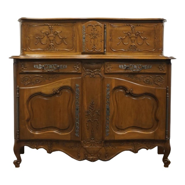 Vintage Antique Solid Walnut Louis XV French Provincial Style 66" Buffet Cabinet W. Glissant Top For Sale