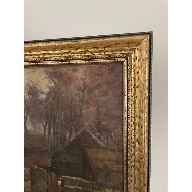 Signed oil on canvas of farm/sheep in gilded frame.
