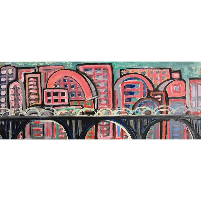 Jo Patch Surrealist Oil on Board “Trois Ponts et Ville Rouge,” Belgian Modern Art, 1999, Colorful Surrealist Oil Painting...