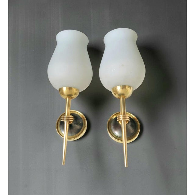 Vintage Wall Sconces in Brass and Opaline Glass from Arlus, 1950s, Set of 2 For Sale - Image 17 of 18