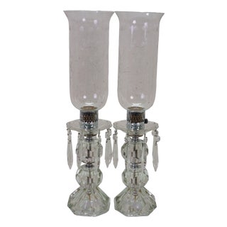 2 Mid Century Etched Glass Crystal Hurricane Candlestick Boudoir Lamps 20" For Sale