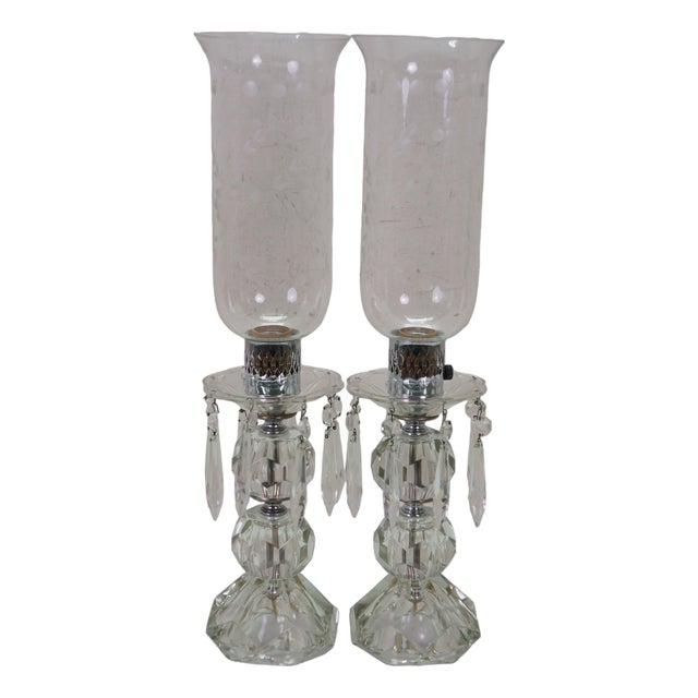 2 Mid Century Etched Glass Crystal Hurricane Candlestick Boudoir Lamps 20" For Sale