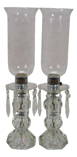 2 Mid Century Etched Glass Crystal Hurricane Candlestick Boudoir Lamps 20"