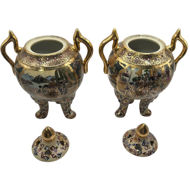 Gold Vintage Royal Satsuma Style Lidded Cachet Pots - A Pair For Sale - Image 8 of 12