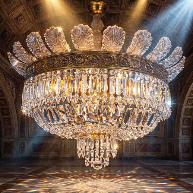 Large, fully functional, six-light circular crystal ceiling light with an E27 base. This ceiling lamp is designed around a...