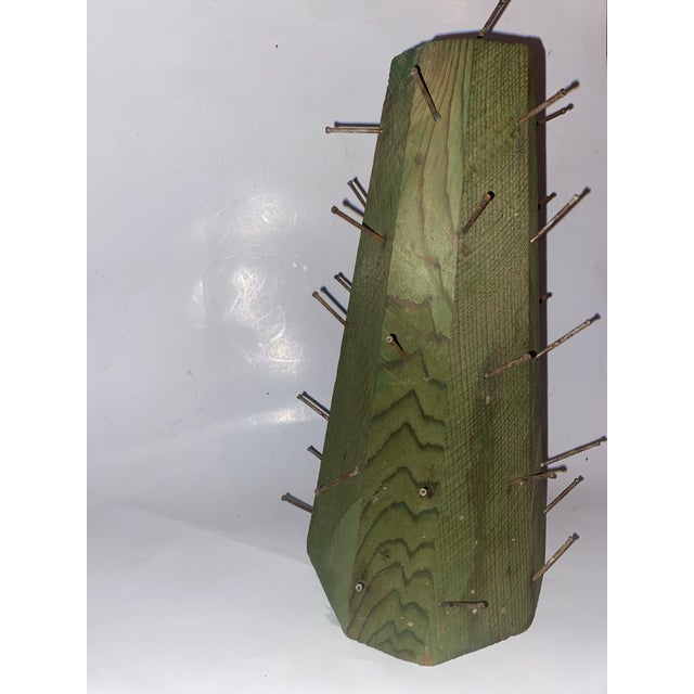 1920s Colonial Williamsburg Apple Tree Cone Centerpiece Wood Fruit Cone Vintage Brutalist Art. Handmade Green-Painted Wooden Cone Hammered Nails. For Sale In Miami - Image 6 of 10