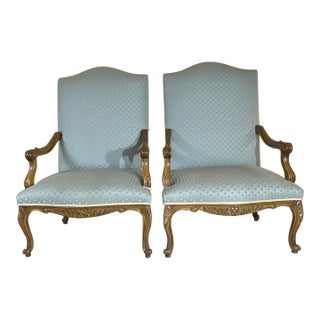 Pair of French Style Carved and Upholstered Armchairs For Sale