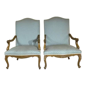Pair of French Style Carved and Upholstered Armchairs