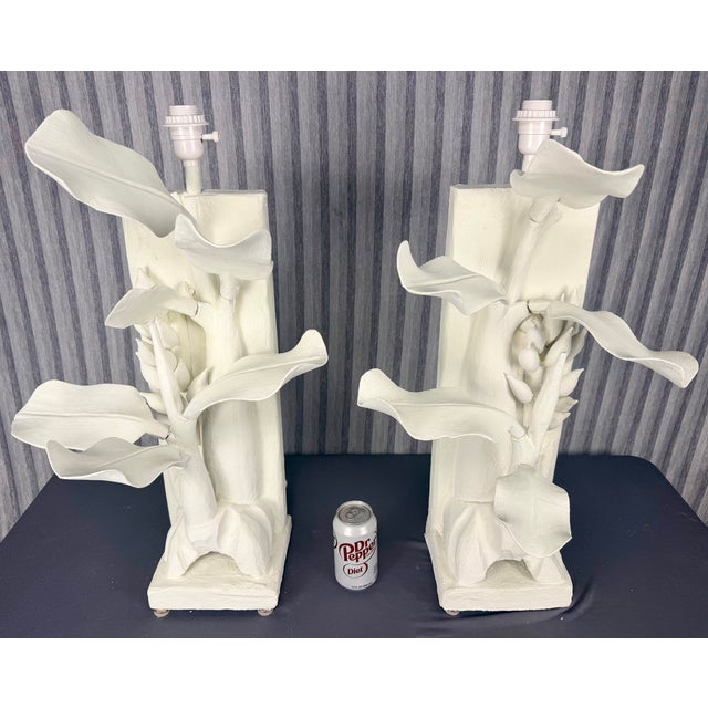 1990s Hand Carved Wood Banana Plant Lamps Finished in White Plaster - A Pair For Sale In Palm Springs - Image 6 of 14