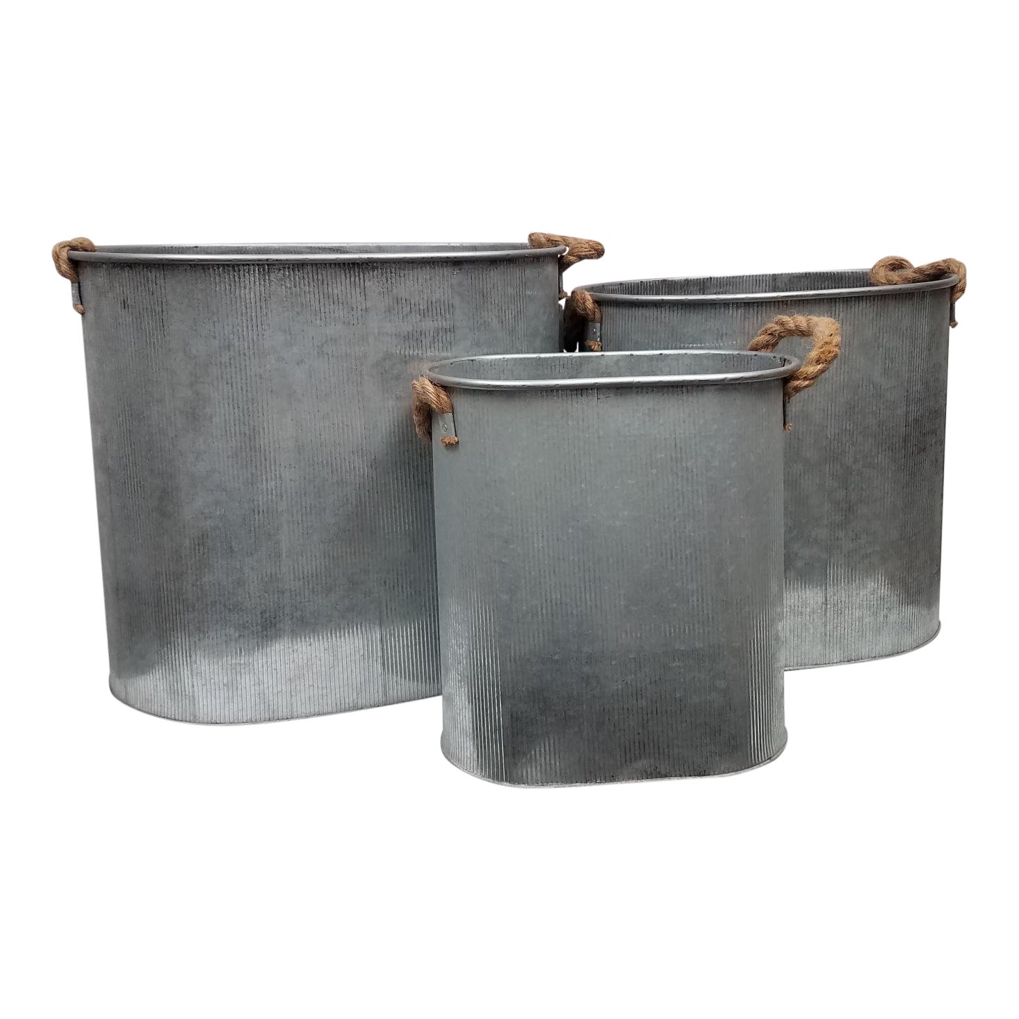 Galvanized Metal Planters or Containers With Rope Handles Set of 3