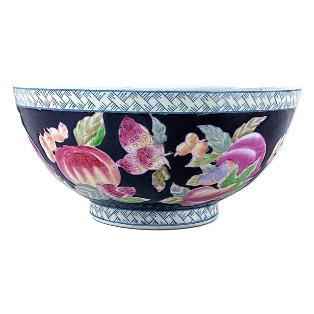 Chinoiserie Vintage Hand Painted Deep Cobalt Blue Porcelain Bowl - 10" For Sale - Image 3 of 11