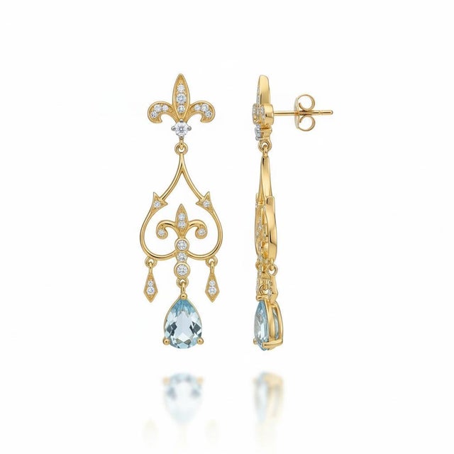 Fleur De Lis Chandelier Earrings Studs With Topaz in Silver, Gold, A Pair For Sale - Image 4 of 10