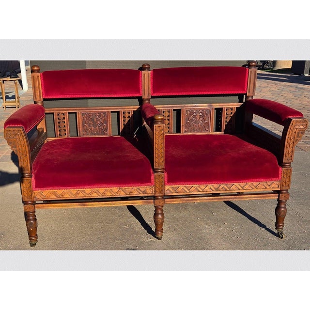 19th C Victorian Church Altar Bench Red Velvet Carved Wood 52" For Sale - Image 4 of 12