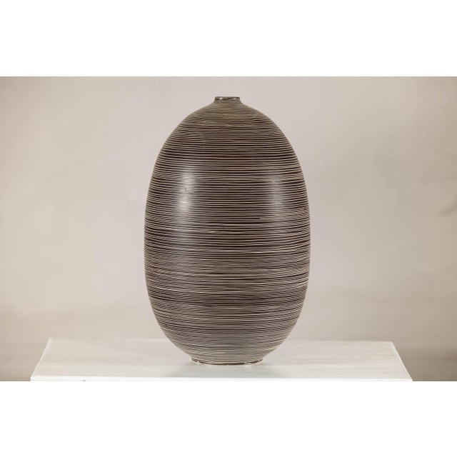 Large Artisan Ceramic Vase with Fine Linear Decoration in Brown and Cream For Sale - Image 15 of 16