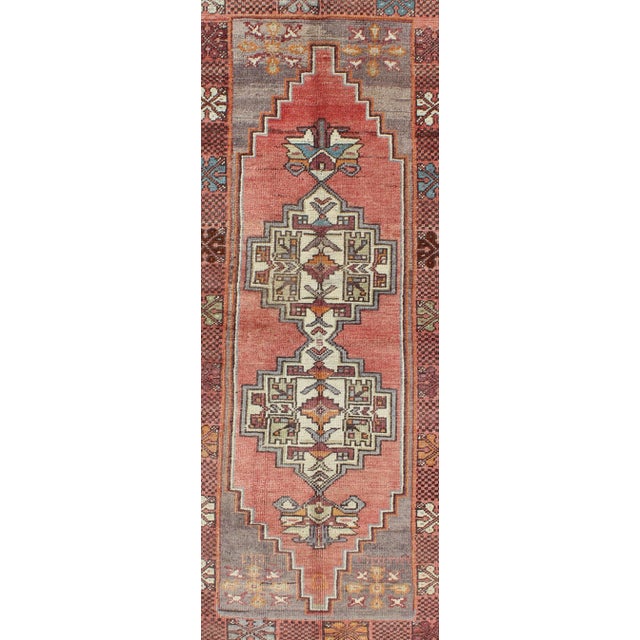 Mid 20th Century Mid 20th Century Soft Red and Green Vintage Turkish Oushak Rug With Sub-Geometric Dual Medallions For Sale - Image 5 of 8