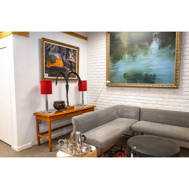 McGuire Leather Basket Weave Glass Top Foyer Console Table Attributed to McGuire For Sale - Image 4 of 10