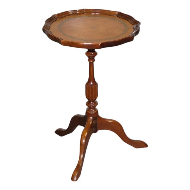 Vintage Georgian Style Tripod Table with Scalloped Edge and Brown Leather Top For Sale
