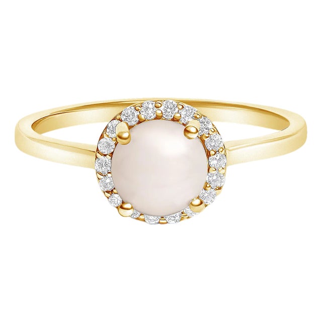 10K Yellow Gold Pearl and 1/10 Cttw Diamond Halo Ring For Sale