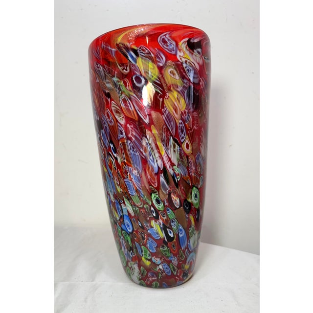 Murano Tall Vintage Murano Italian Hand Blown Red Millefiori Art Glass Vase Sculpture For Sale - Image 4 of 11