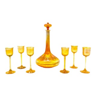 Early 20th Century Louis Comfort Tiffany Favrile Glass Decanter and Cordial set, Louis Comfort Tiffany - 7 pcs For Sale