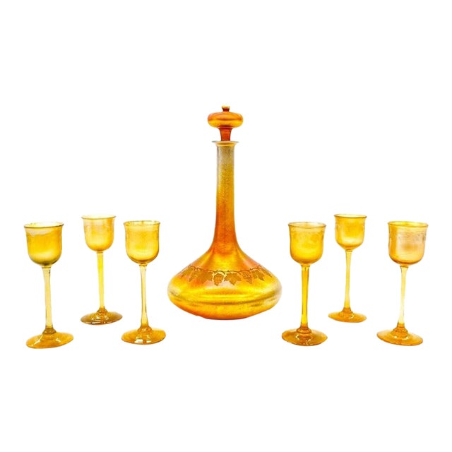Early 20th Century Louis Comfort Tiffany Favrile Glass Decanter and Cordial set, Louis Comfort Tiffany - 7 pcs For Sale