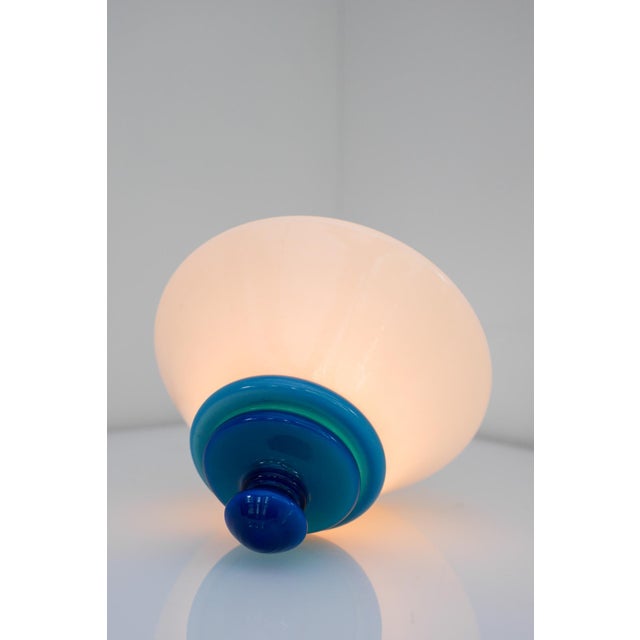 Scandinavian Art Deco Milk Glass Pendant Light with Azure Blue Details, 1930s For Sale - Image 9 of 17