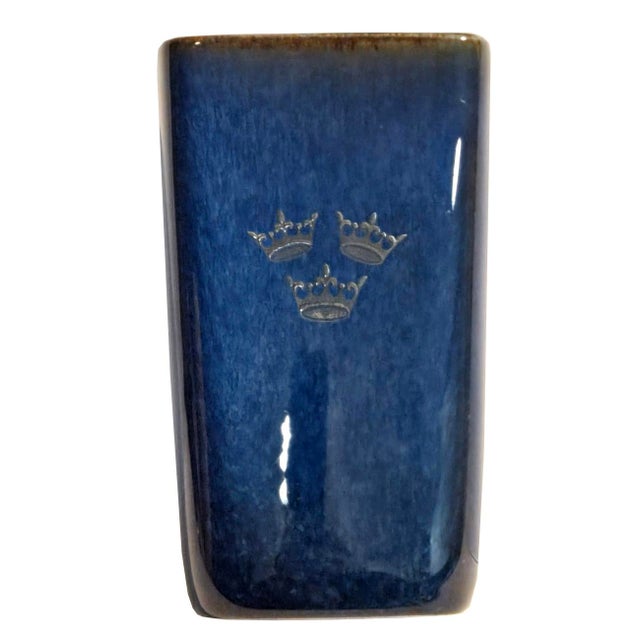 Offered is a rare Gustavsberg Sweden Argenta Lagun 9 glazed ceramic vase with 3 silver inlay crowns designed by Sven...