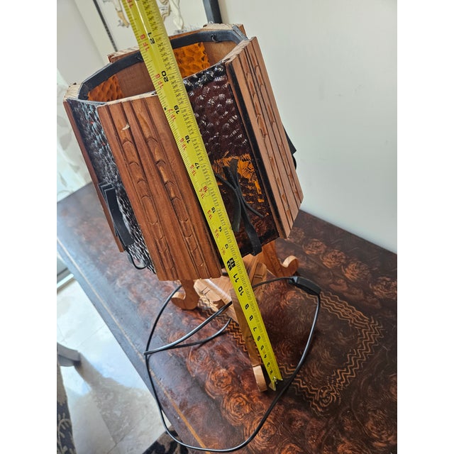 Early 20th Century Arts and Craft Wood and Slag Glass Lamp Hand Carved Panels and Wrought Iron Accents For Sale - Image 4 of 7